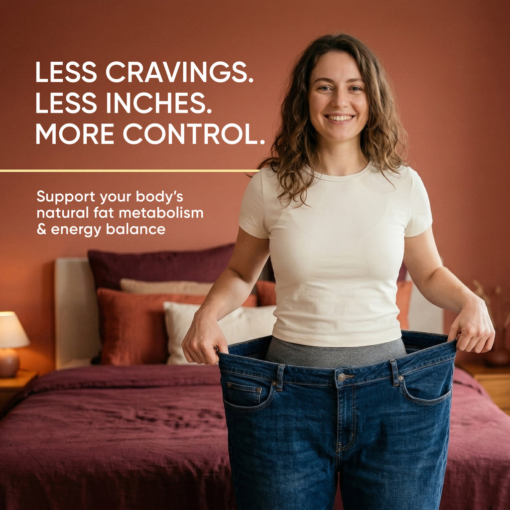 Woman wearing a large pair of jeans with text about weight management on a bedroom background