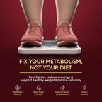 Person wearing red sneakers stepping onto a scale with motivational text on a red background