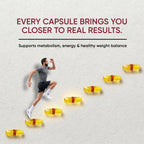 Person running on capsules with text about health benefits on a light gray background
