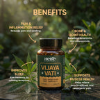 Benefits of Hebe Vijaya Vati full spectrum capsules bottle with fresh green leaves in natural outdoor setting
