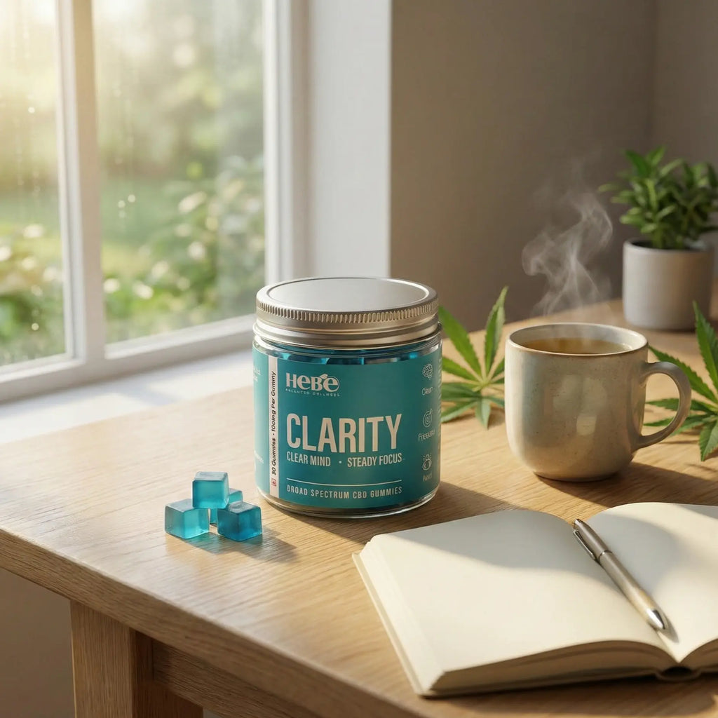 Best Hebe Clarity Broad Spectrum CBD Gummies Clear Mind Steady Focus 100mg each with hot cup of tea in early morning