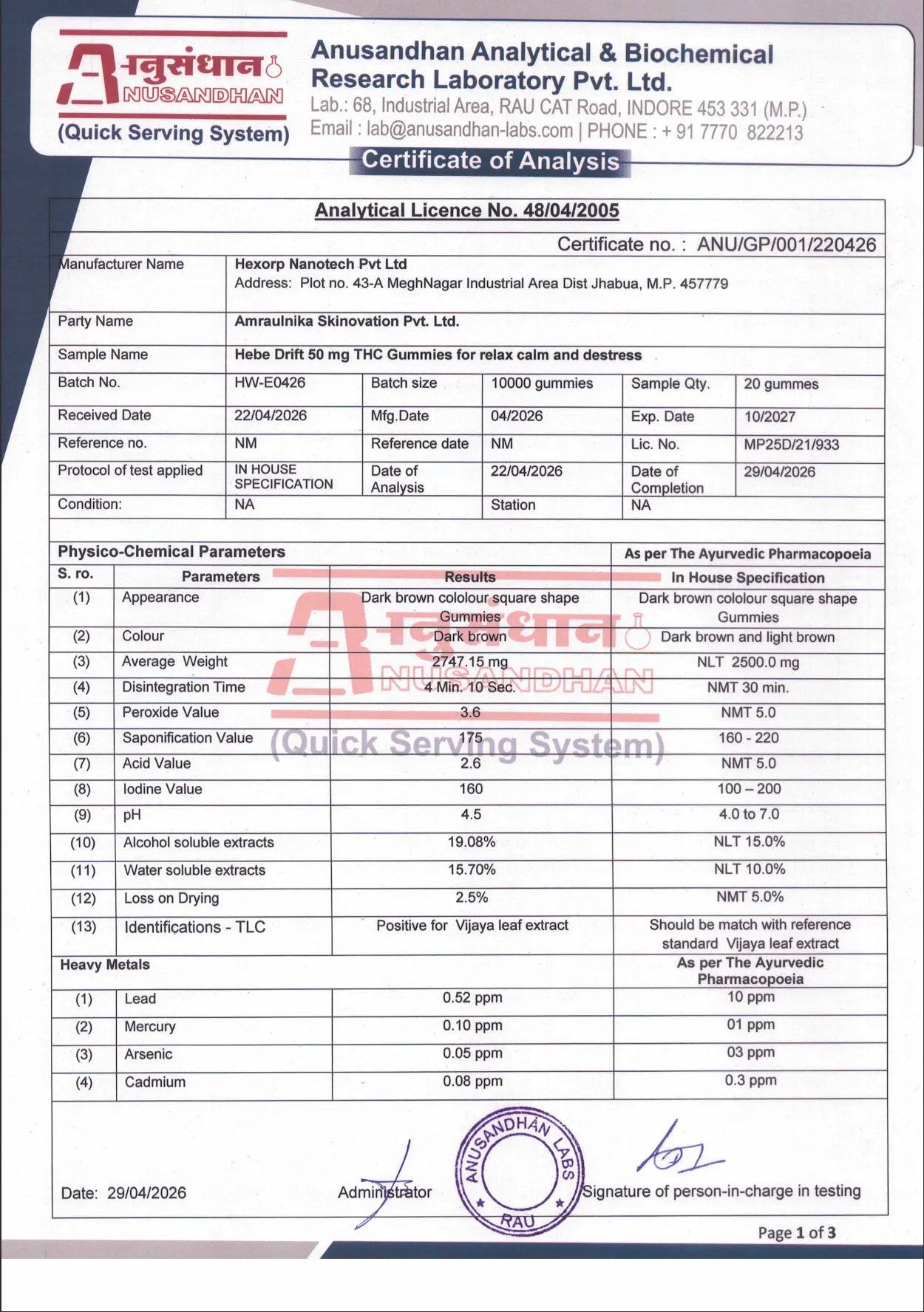 Certificate of analysis Hebe Drift - Mango Madness Full Spectrum Vijaya Gummies Page 1