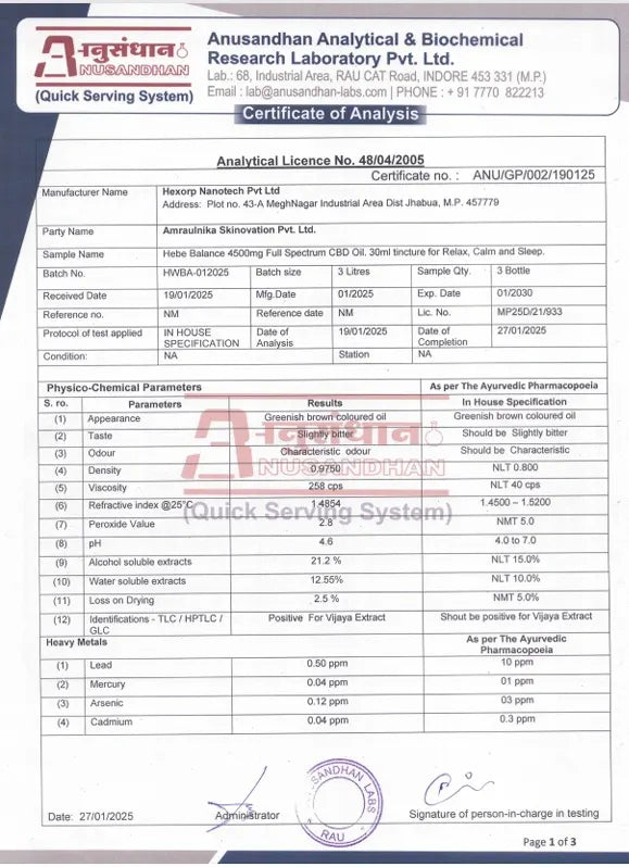 Hebe Balance 4500mg Certificate of Analysis from Anusandhan Analytical & Biochemical Research Laboratory with various test results. (page1)