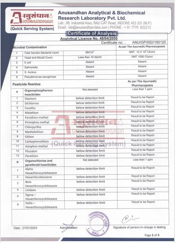Hebe Balance 4500mg Certificate of Analysis from Anusandhan Analytical & Biochemical Research Laboratory with various test results. (page2)