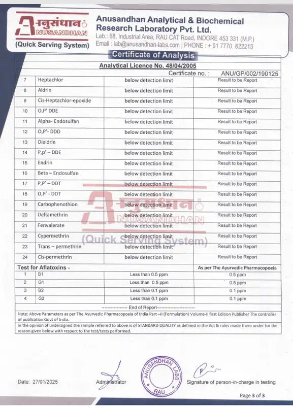 Hebe Balance 4500mg Certificate of Analysis from Anusandhan Analytical & Biochemical Research Laboratory with various test results. (page3)
