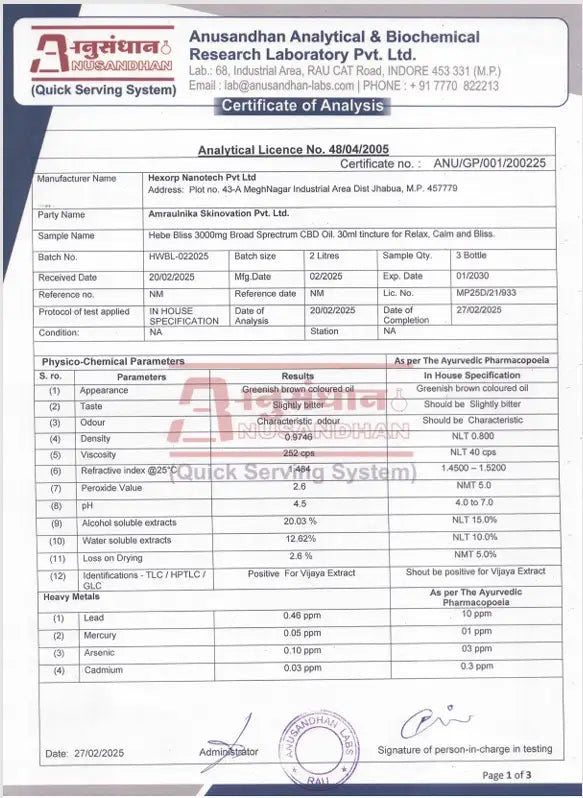 Hebe Bliss 3000mg Certificate of Analysis from Anusandhan Analytical & Biochemical Research Laboratory with various test results (Page1)
