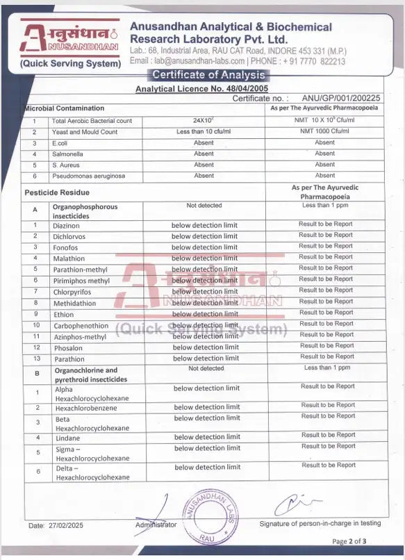 Hebe Bliss 3000mg Certificate of Analysis from Anusandhan Analytical & Biochemical Research Laboratory with various test results (Page2)