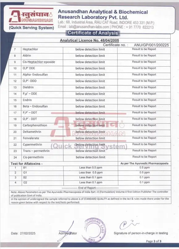 Hebe Bliss 3000mg Certificate of Analysis from Anusandhan Analytical & Biochemical Research Laboratory with various test results (Page3)