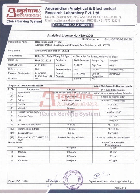 Hebe Buzz Cola 600MG certificate of analysis page 1