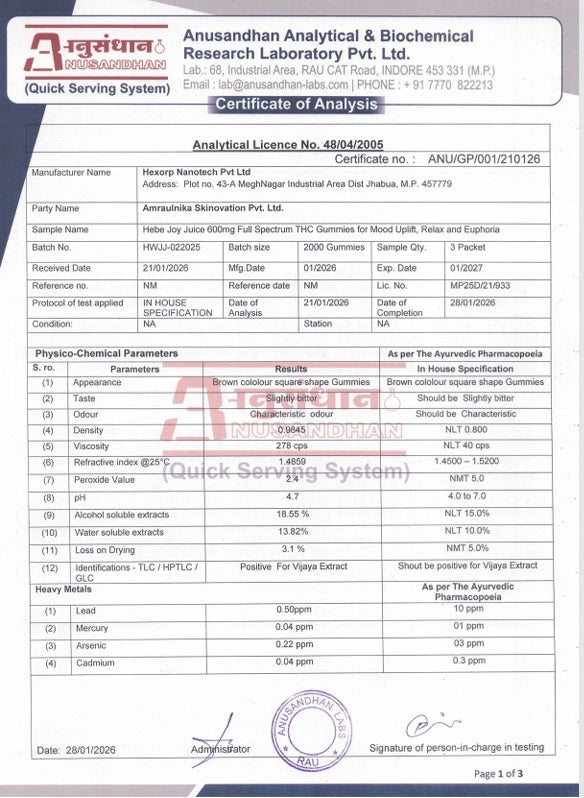 Hebe Joy Juice 600MG certificate of analysis page 1