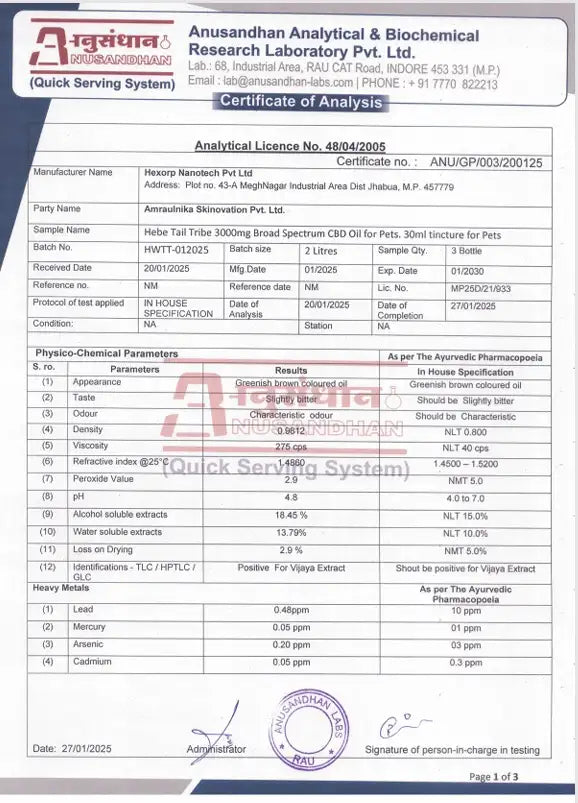 Hebe Tail Tribe 3000mg Certificate of Analysis from Anusandhan Analytical & Biochemical Research Laboratory (Page1)