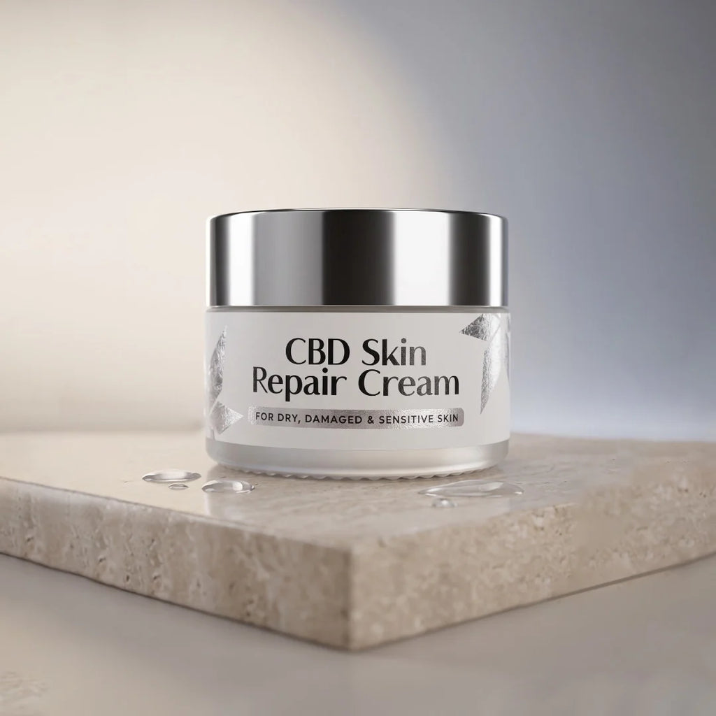 Jar of CBD Skin Repair Cream on a light surface with a neutral background