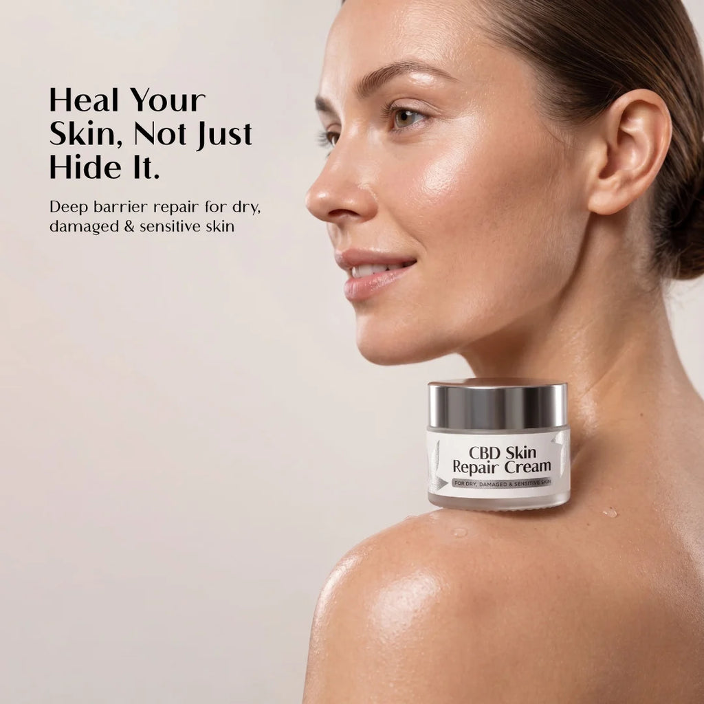 Woman with Hebe CBD Skin Repair Cream on shoulder against a neutral background