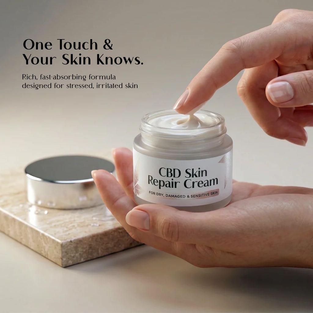 CBD Skin Repair Cream being applied with text about its benefits