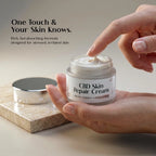 CBD Skin Repair Cream being applied with text about its benefits