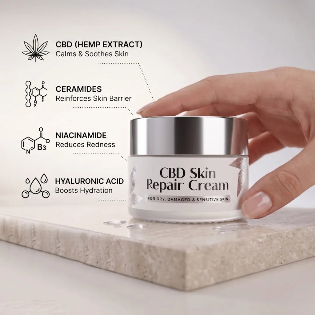 CBD Skin Repair Cream jar with hand holding it on a light background