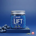 Jar of Hebe Lift Berry Buzz on a blue background with blueberries and cannabis leaves.