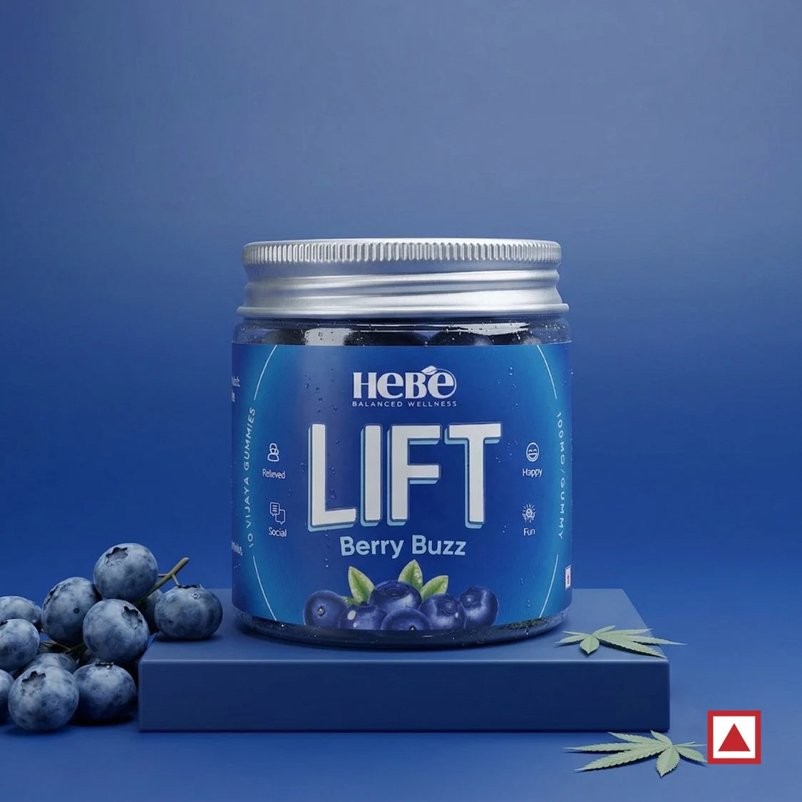 Jar of Hebe Lift Berry Buzz on a blue background with blueberries and cannabis leaves.