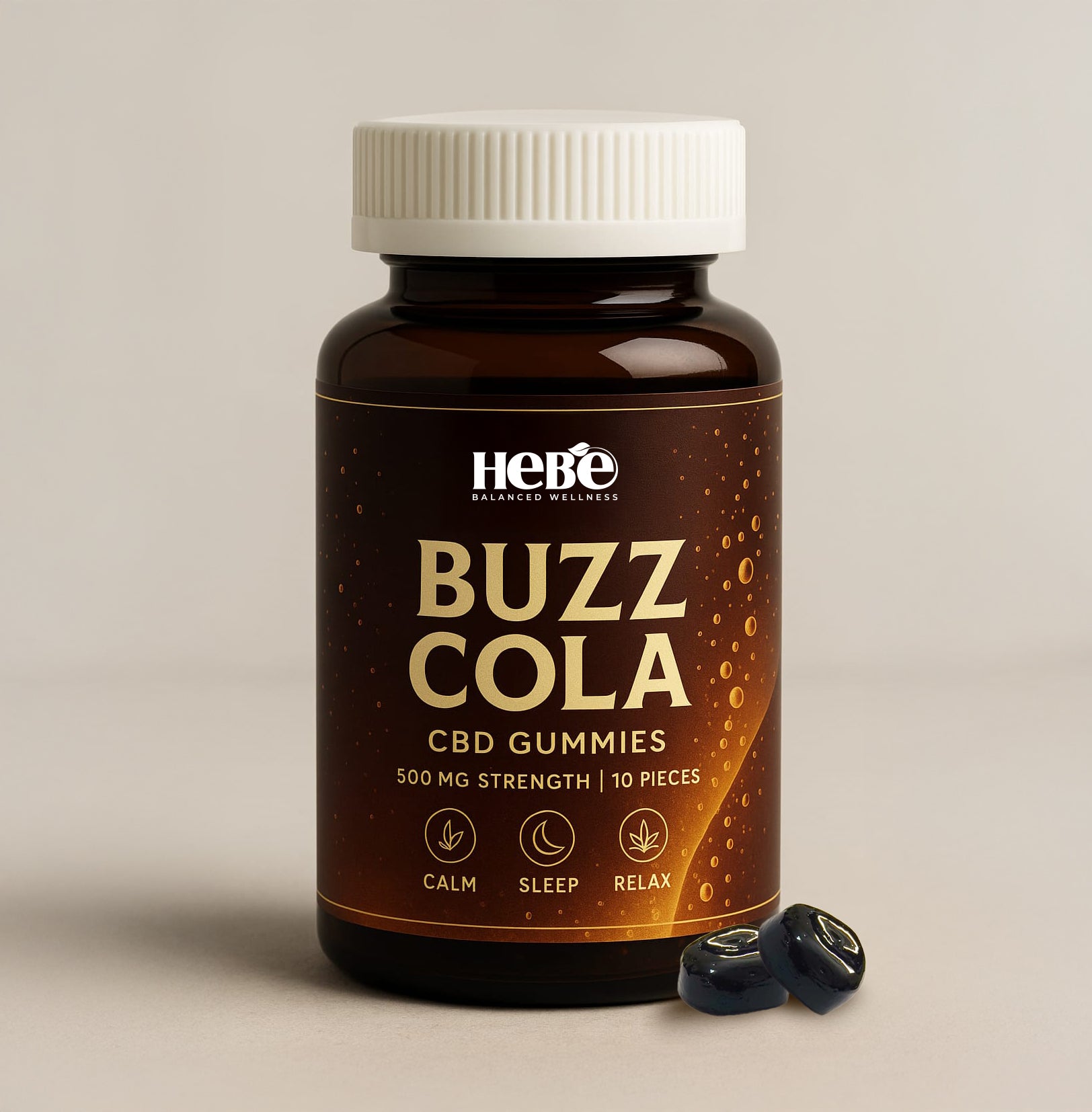 Hebe Buzz Cola CBD THC Gummies 500 MG amber bottle packaging for sleep, stress and calm 