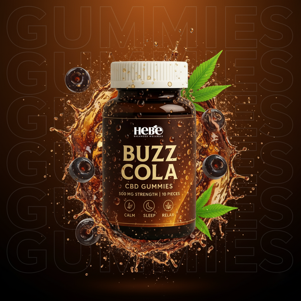 Hebe Buzz Cola CBD THC Gummies 500 MG for sleep, stress and calm with hemp leaf