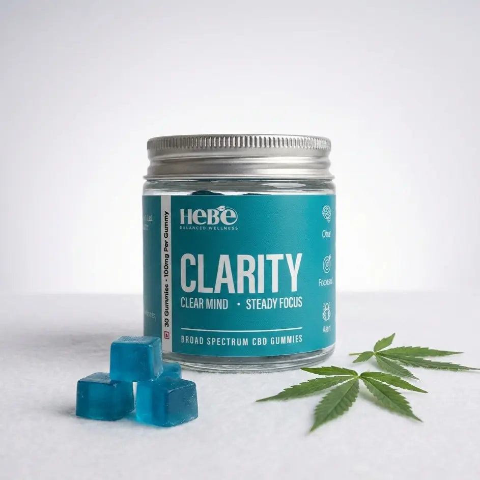 Hebe Clarity Broad Spectrum CBD Gummies Clear Mind Steady Focus 100 mg each with hemp leaf and blue gummies