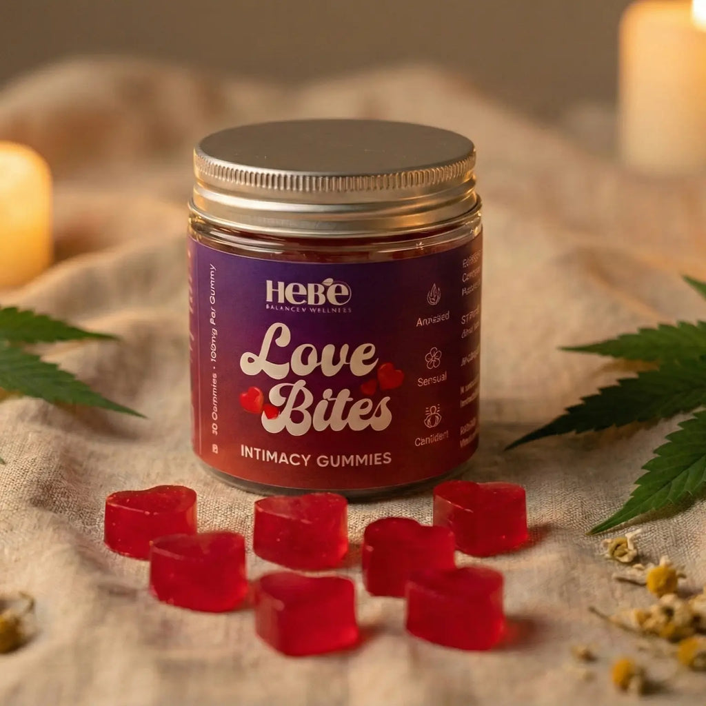 Hebe Love Bites Intimacy Gummies 100 mg Per Gummy for Confidence Vitality with heart shaped gummies
