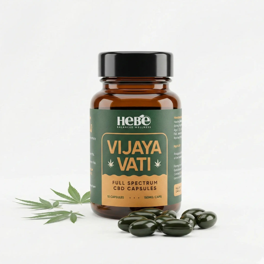 Hebe Vijaya Vati full spectrum capsules bottle with softgel capsules, 10 capsules of 150mg each