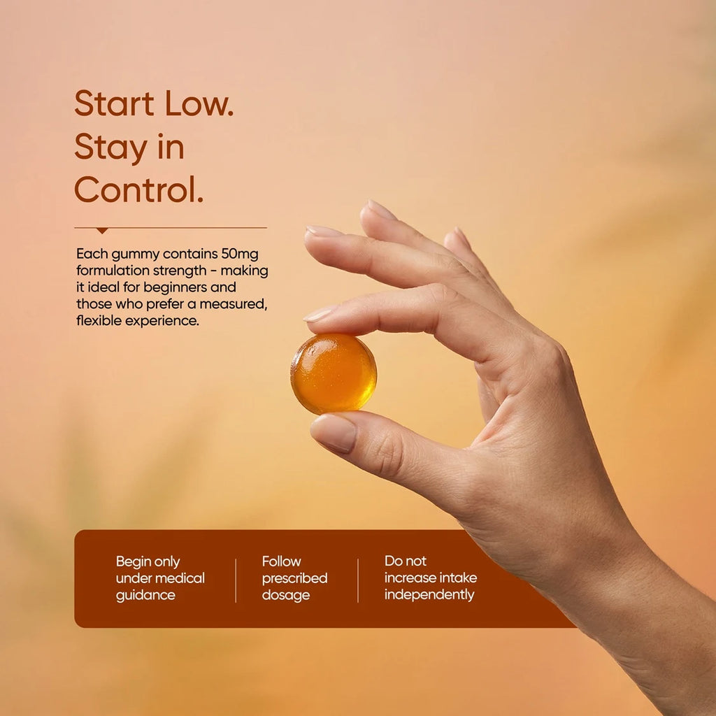 Hand holding a gummy with text about starting low and staying in control on an orange background