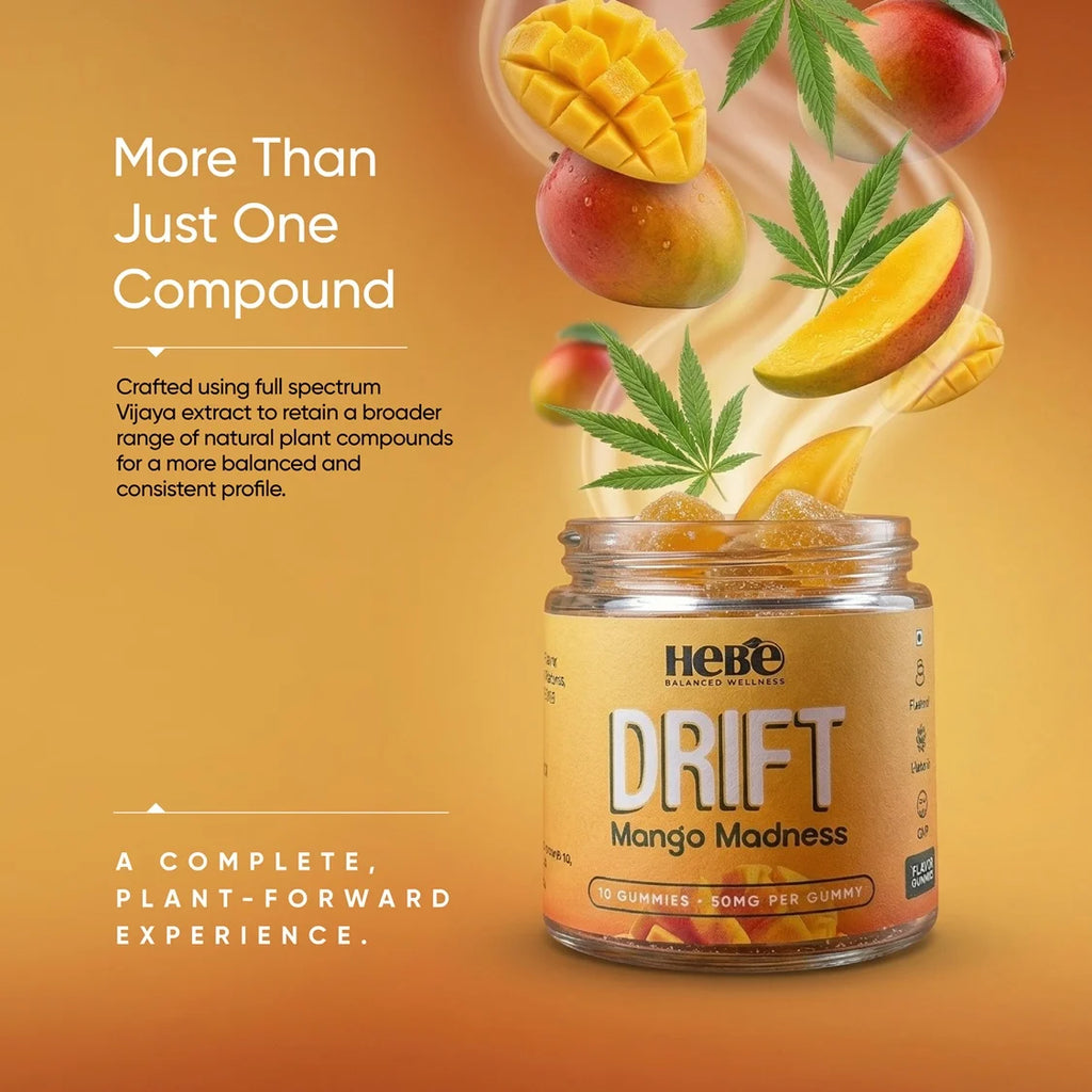 HEBE Drift Mango Madness gummies with mango slices and cannabis leaves on an orange background