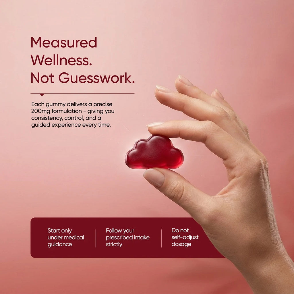 Hand holding a red gummy with text about measured wellness on a pink background