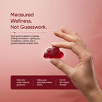 Hand holding a red gummy with text about measured wellness on a pink background