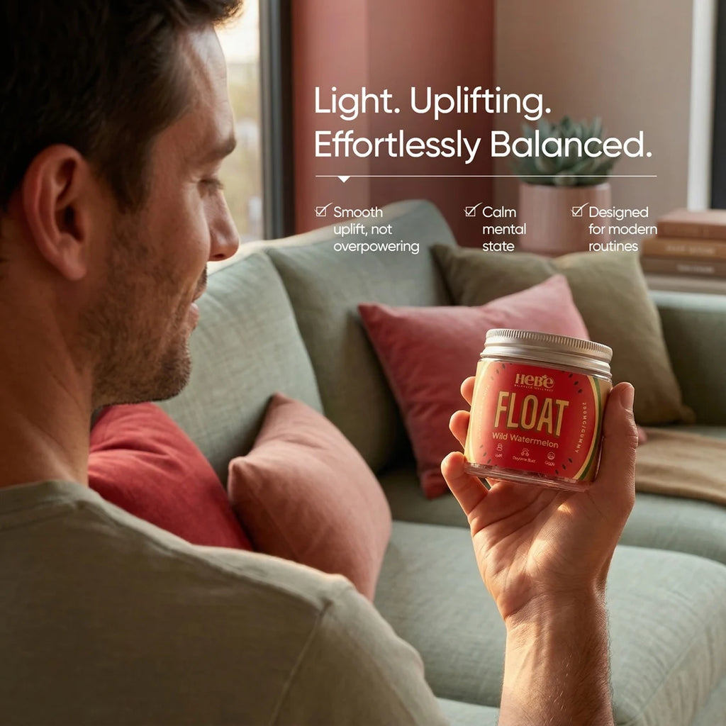 Man holding a 'Hebe Float gummies' product in a cozy living room setting
