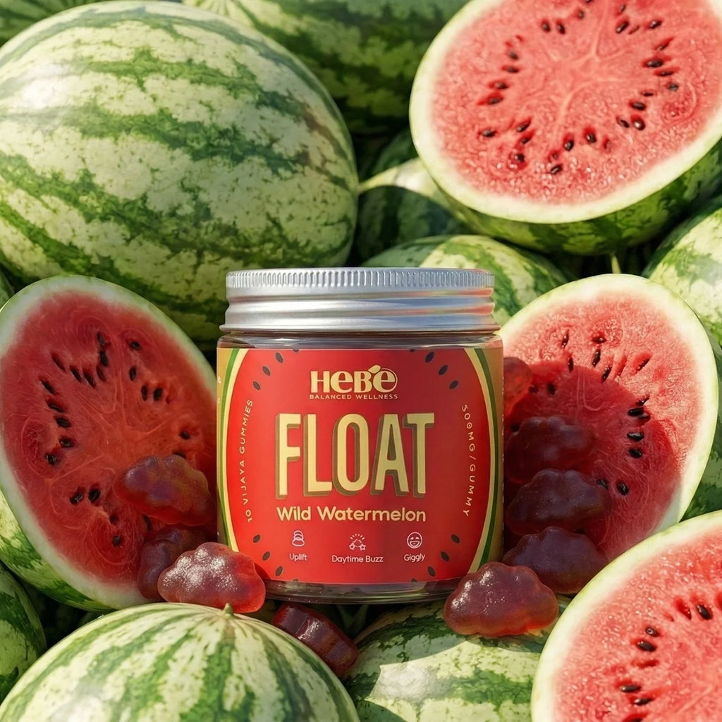Jar of Hebe Wellness Float Wild Watermelon gummies surrounded by watermelons