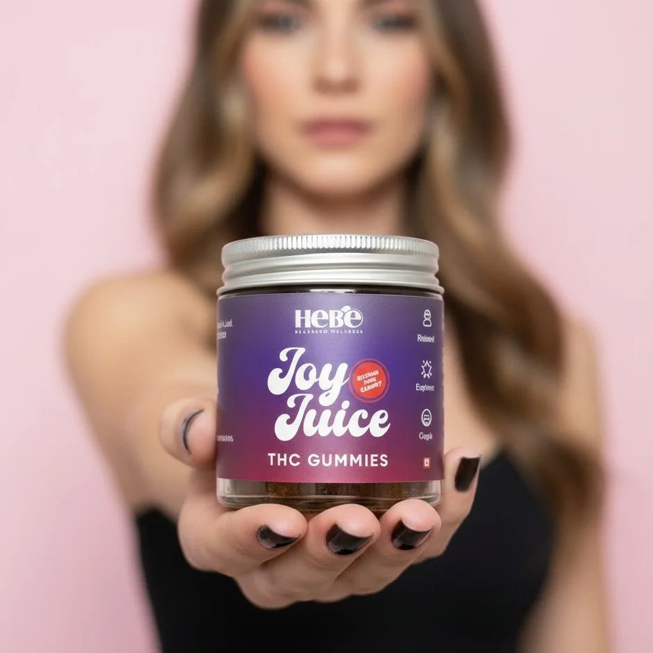 Girl holding a jar of 'Hebe Joy Juice THC Gummies' by Hebe against a pink background