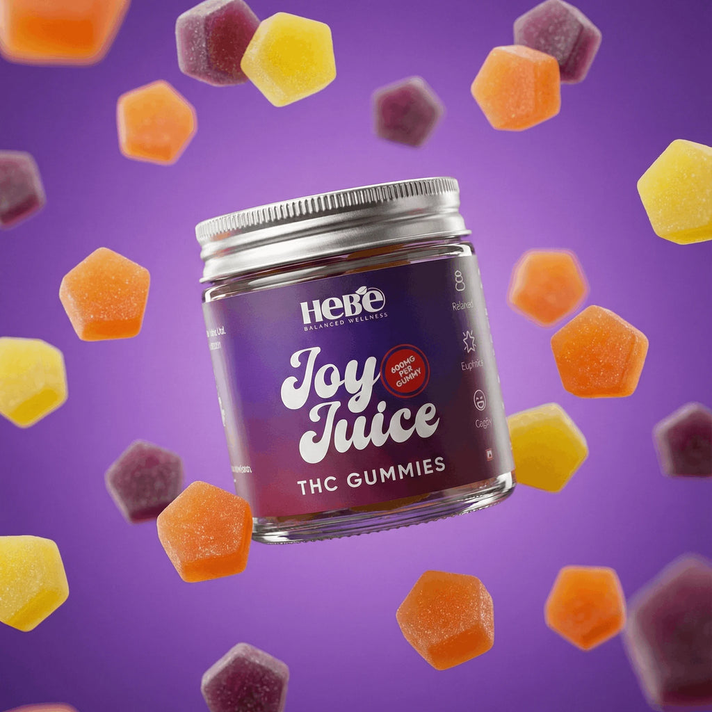 Jar of 'Hebe Joy Juice' THC Gummies with colorful gummy bears on a purple background