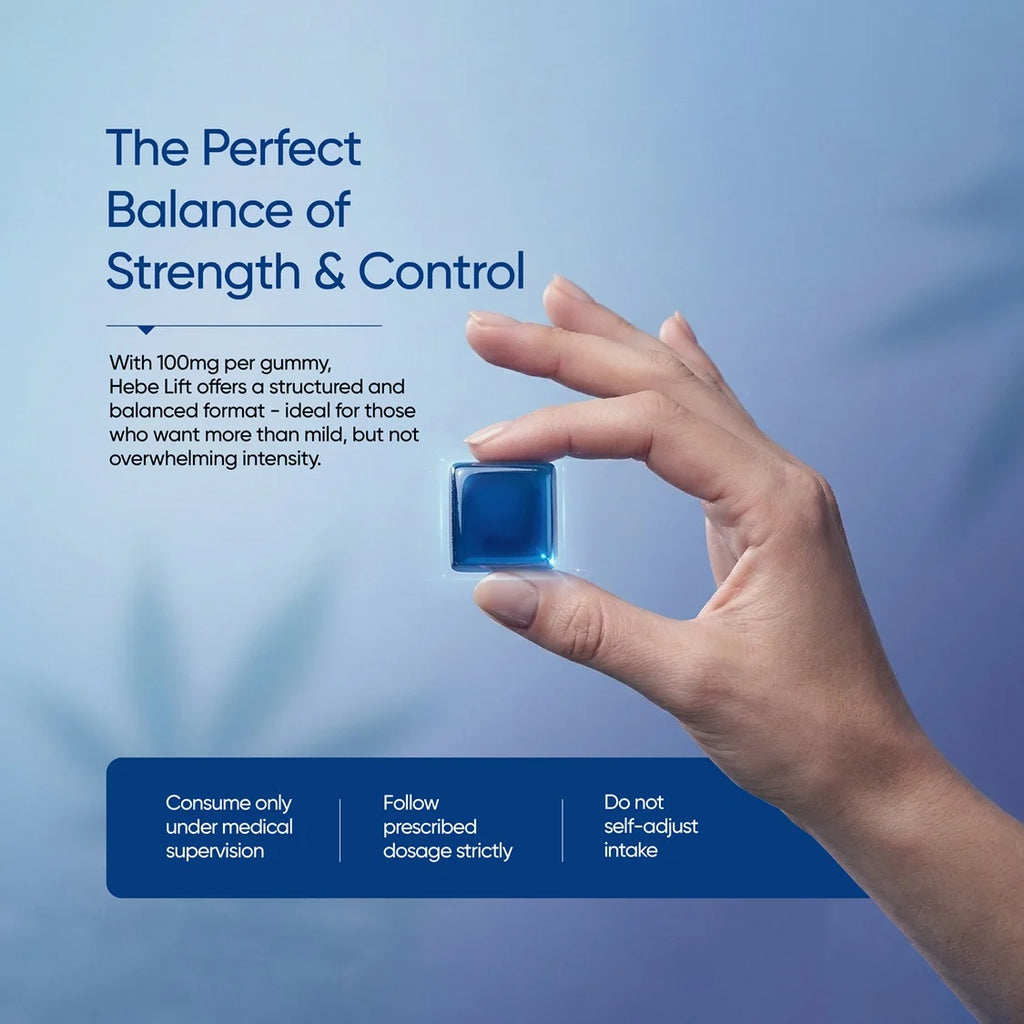 Hand holding a blue gummy with text about strength and control on a blue background