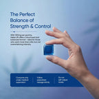 Hand holding a blue gummy with text about strength and control on a blue background