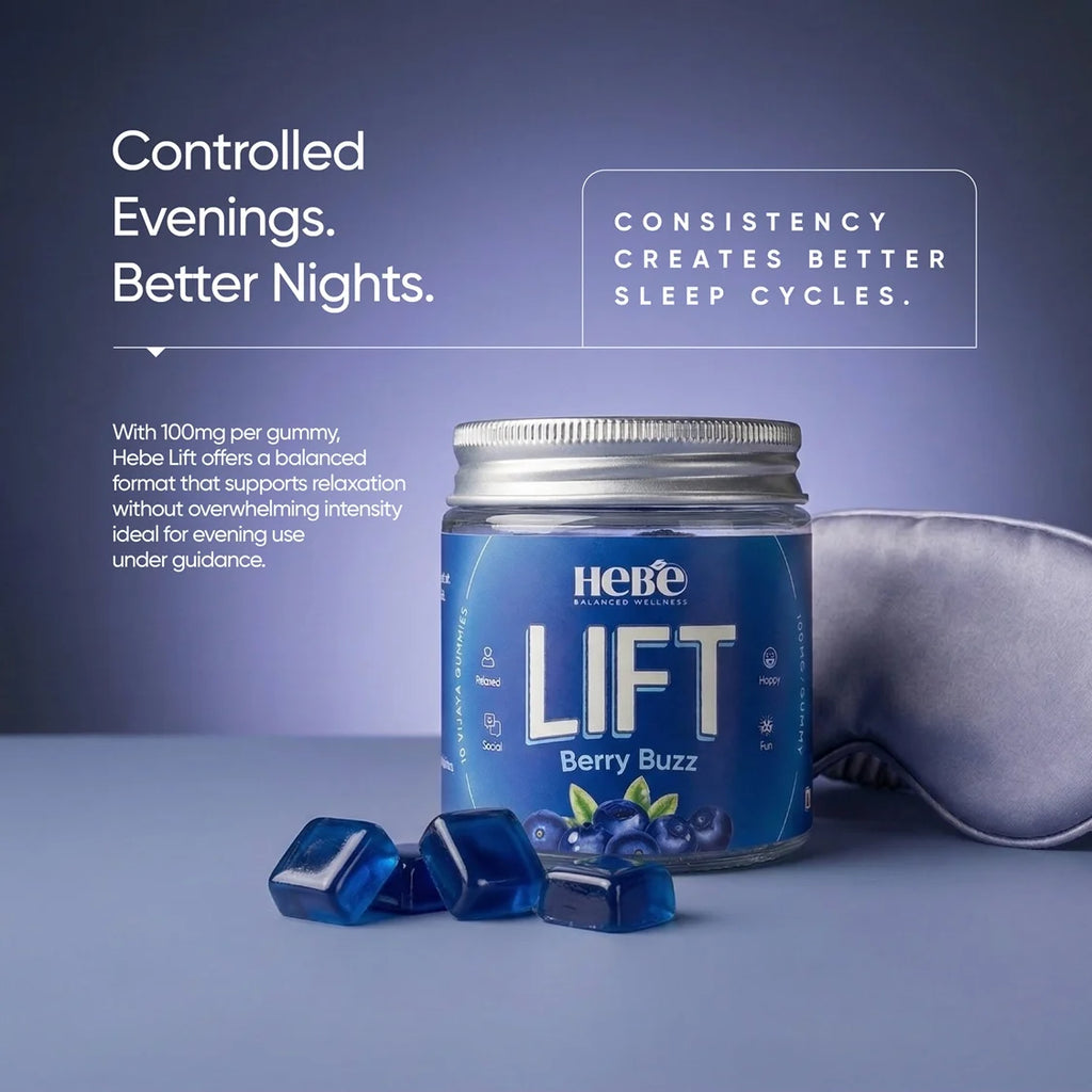 Hebe Lift gummy jar with blueberries and sleep mask on a purple background