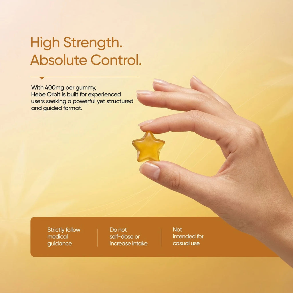 Hand holding a star-shaped Hebe gummy with text about high strength and absolute control on a yellow background