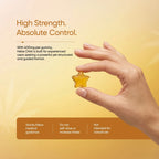 Hand holding a star-shaped Hebe gummy with text about high strength and absolute control on a yellow background
