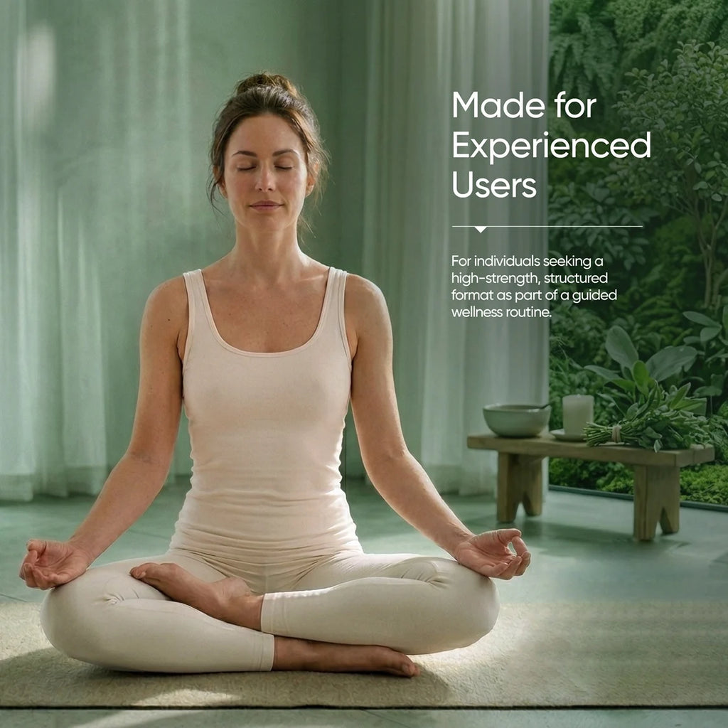 Woman practicing yoga in a serene indoor setting with text about experienced users.