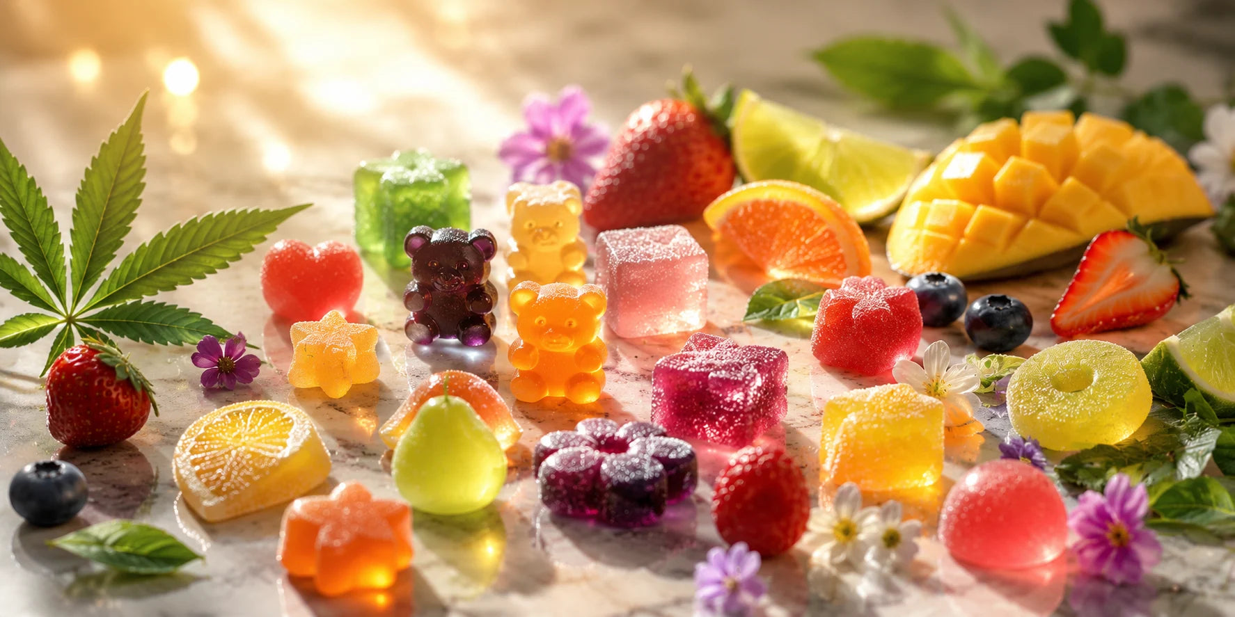 A colorful assortment of gummy candies and fruit slices arranged on a light surface with decorative leaves and flowers. The candies include gummy bear shapes and translucent fruit-shaped gummies in red, orange, yellow, green, and purple tones.