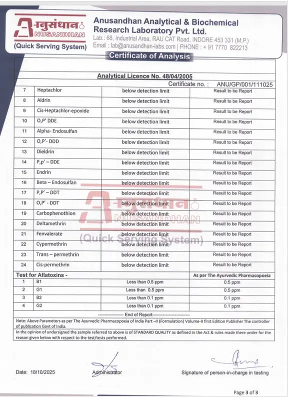 Hebe Heal + 7000mg Certificate of Analysis from Anusandhan Analytical & Biochemical Research Laboratory with various parameters and results (Page3)