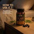How to use Hebe Vijaya Vati full spectrum capsules placed on bedside table for relaxation and restful sleep support