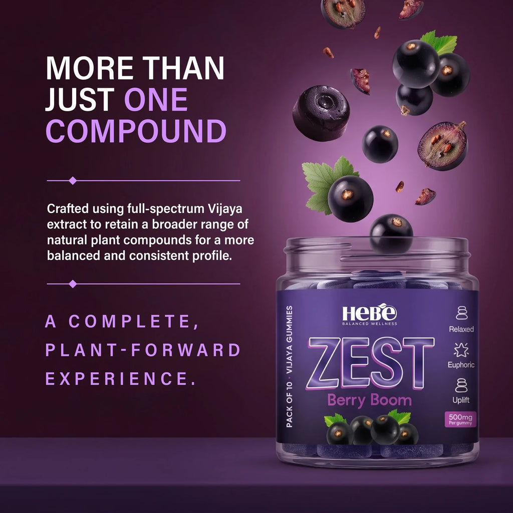 A jar of Hebe Zest Berry Boom vijaya gummies 500mg, plant-forward gummies on a dark purple background with floating berries and text highlighting key ingredients and benefits.